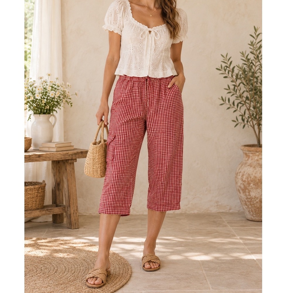 White Stag Red Gingham Cropped Cargo Pants Capris 1X 16W Cottagecore Summer C5